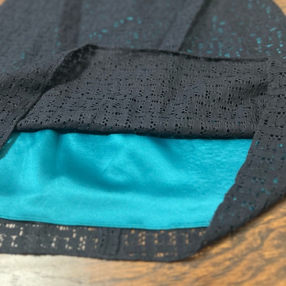 Tahari Sleeveless Navy Lace Overlay Teal Silk Sheath Dress Size 4 - Picture 4 of 11